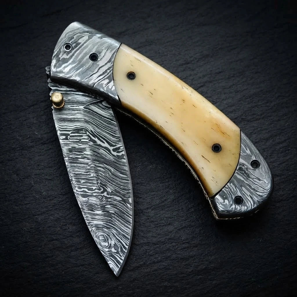Handmade Damascus folding pocket knife with camel bone handle – photo 4