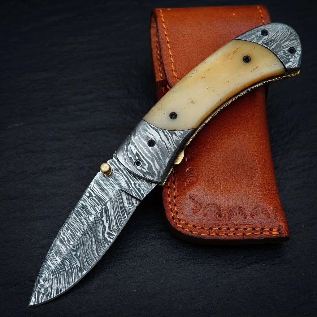 Handmade Damascus folding pocket knife with camel bone handle – photo 5
