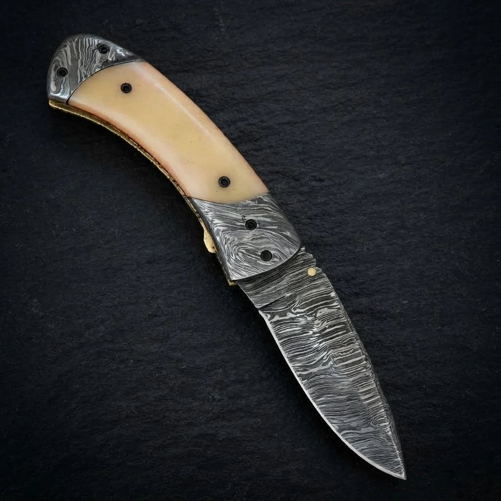 Handmade Damascus folding pocket knife with camel bone handle – photo 6