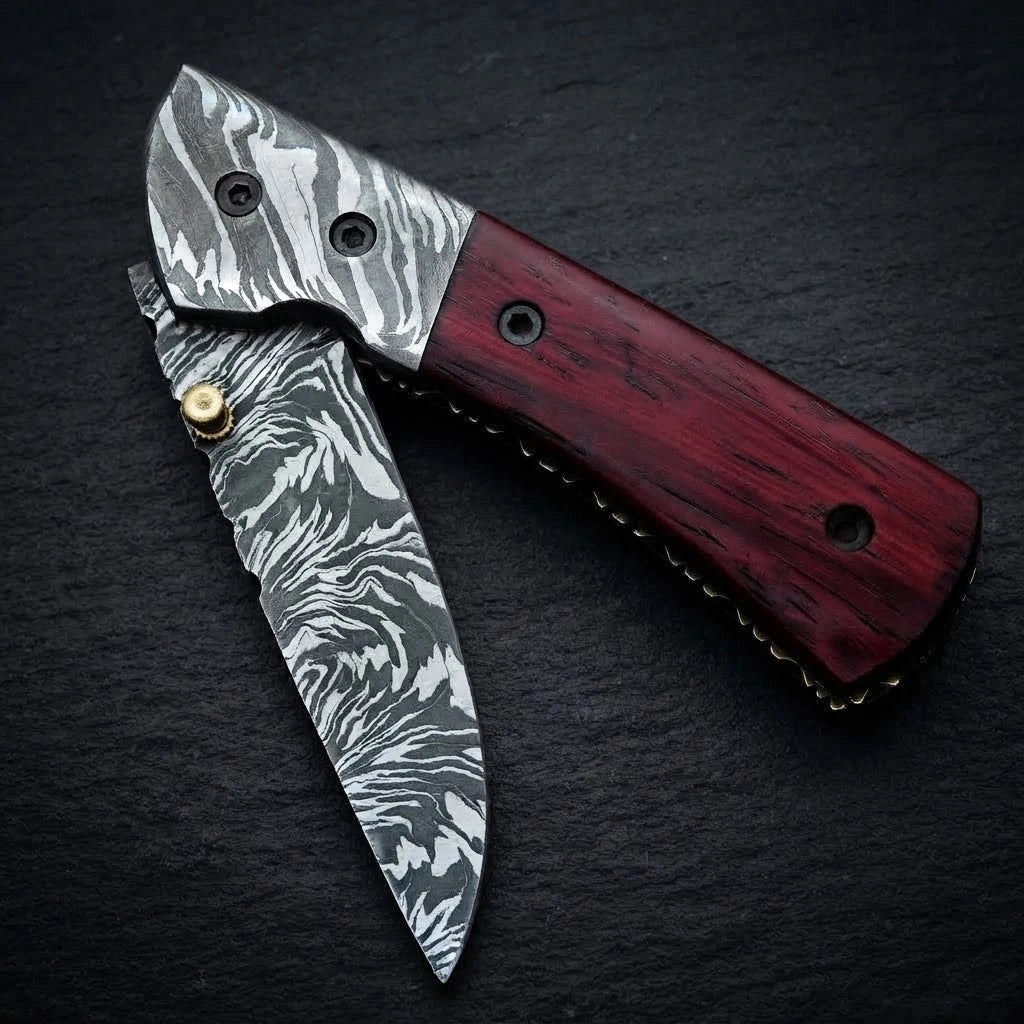 Handmade Damascus folding pocket knife with red blood wood handle – photo 3