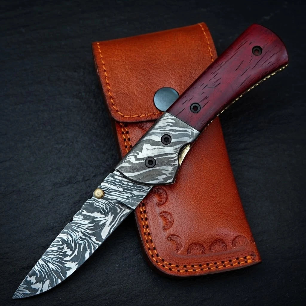 Handmade Damascus folding pocket knife with red blood wood handle – photo 4