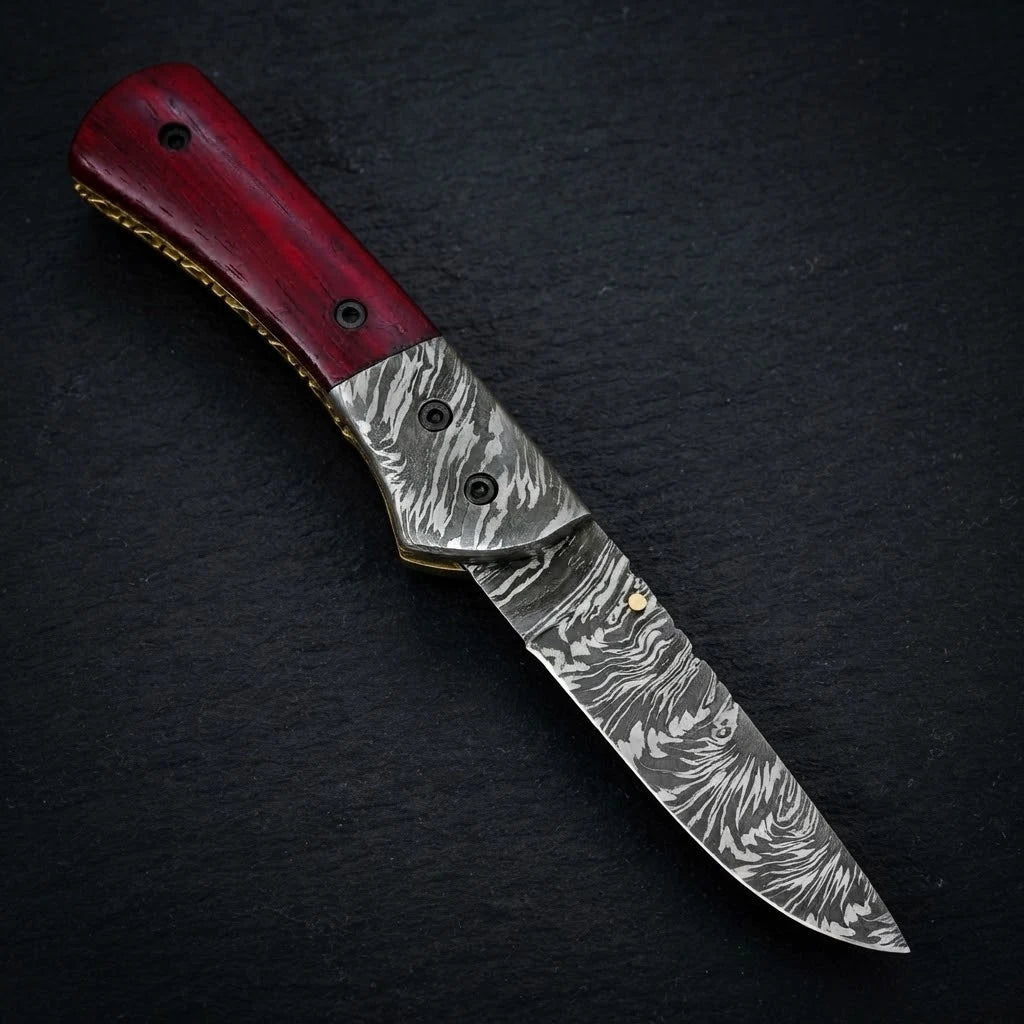 Handmade Damascus folding pocket knife with red blood wood handle – photo 5