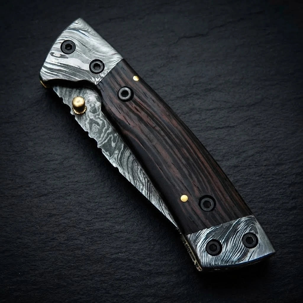 Handmade Damascus folding pocket knife with wenge wood handle – photo 2