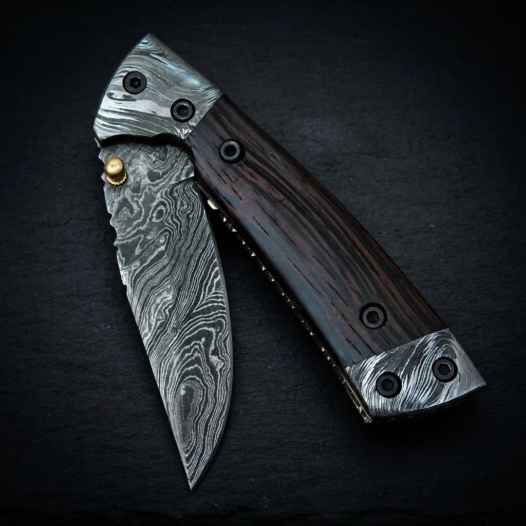 Handmade Damascus folding pocket knife with wenge wood handle – photo 3