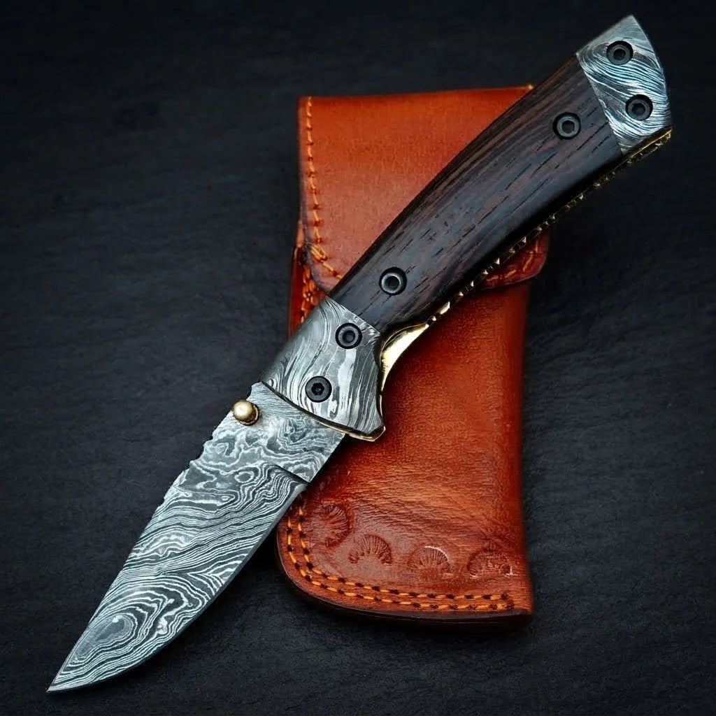 Handmade Damascus folding pocket knife with wenge wood handle – photo 4