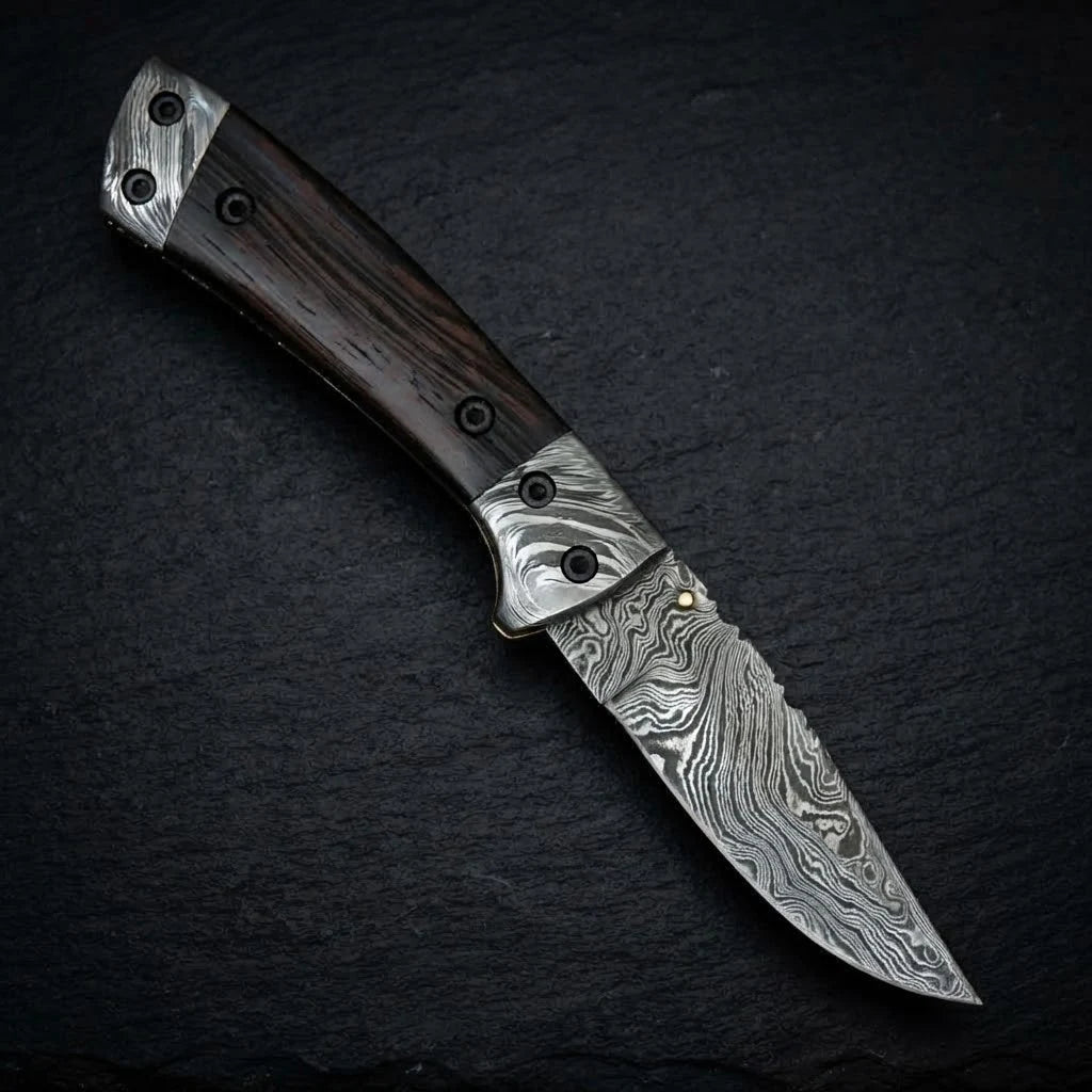 Handmade Damascus folding pocket knife with wenge wood handle – photo 5