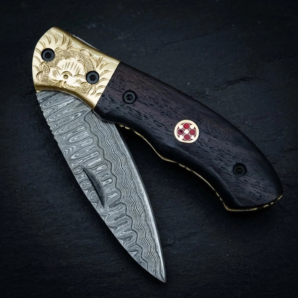 Damascus hand forged drop point folding knife with walnut handle – photo 2