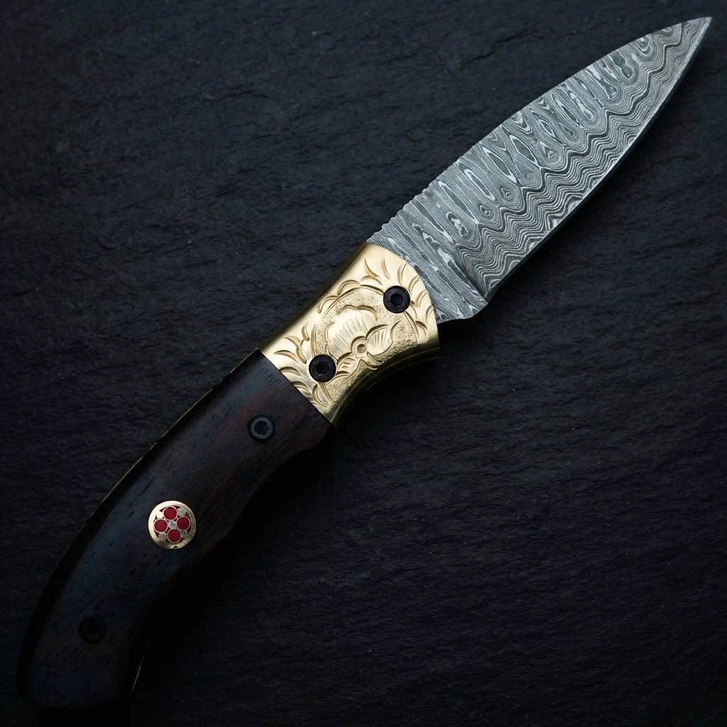Damascus hand forged drop point folding knife with walnut handle – photo 3