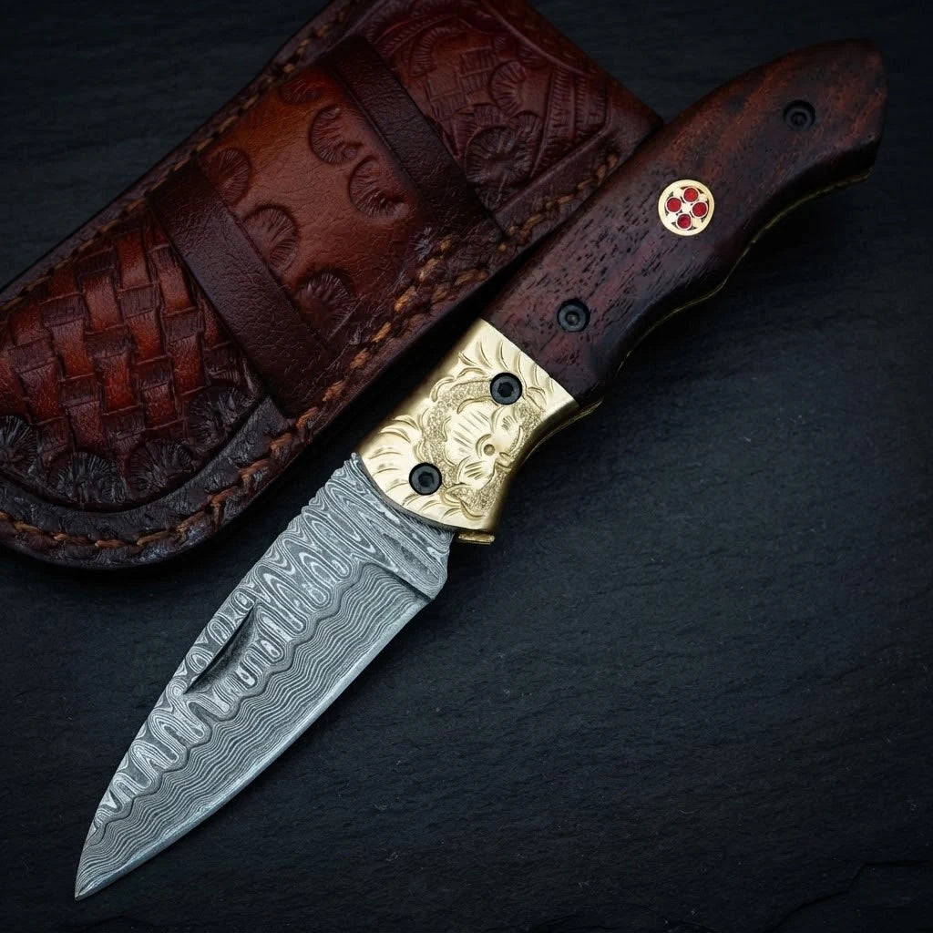 Damascus hand forged drop point folding knife with walnut handle – photo 4