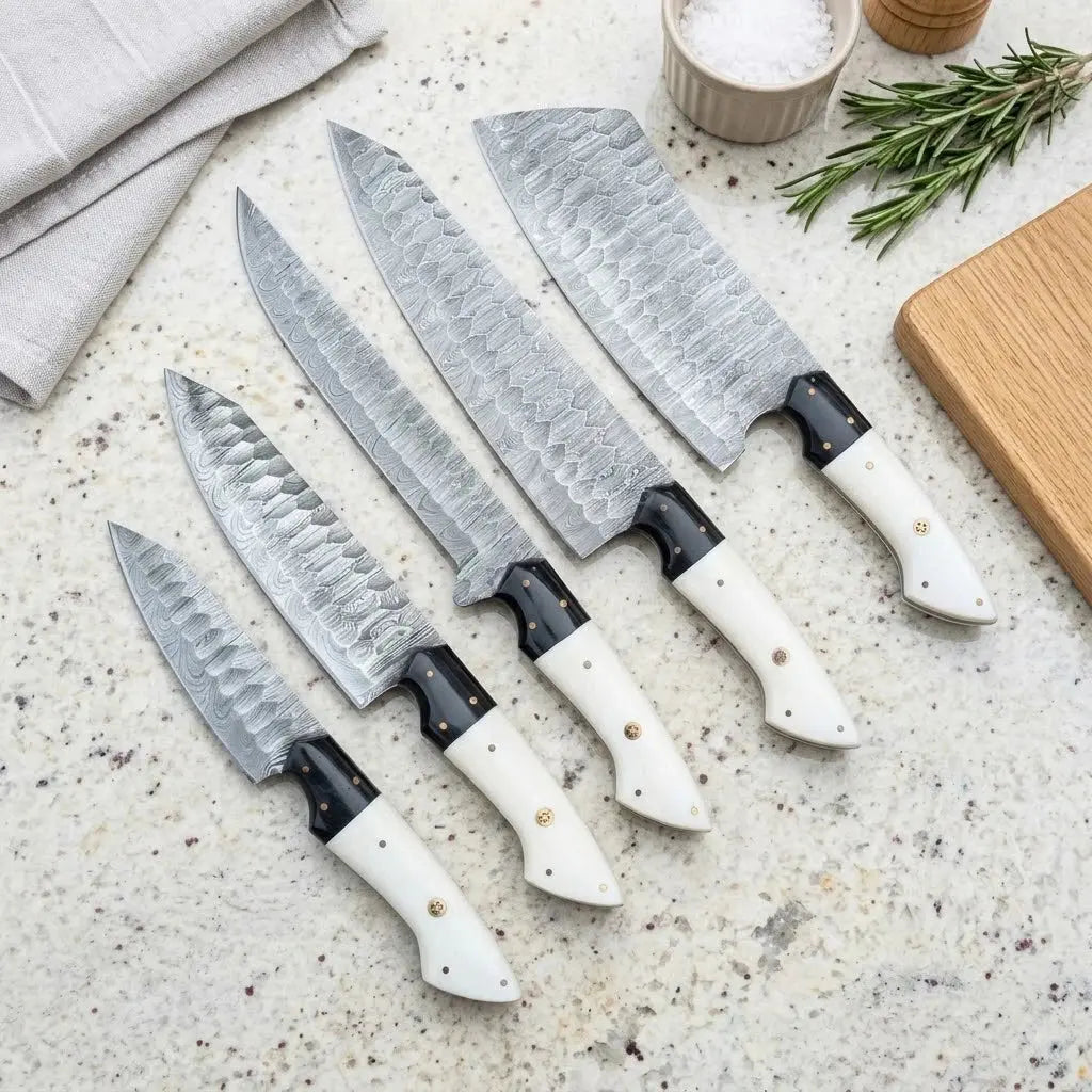 Handmade Damascus kitchen knife set, 5-piece chef knife set with cleaver and white resin handles