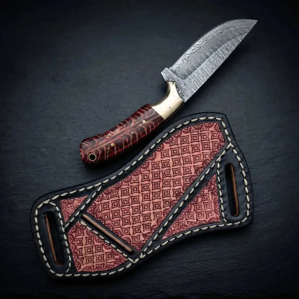 8 inch Damascus steel cowboy knife with pine cone handle and hand-stitched leather sheath