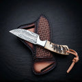 Handmade Damascus steel buckaroo knife with ram horn handle