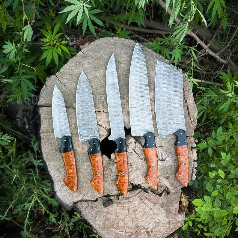 Resin and G10 handle detail with brass pin, chef knife set