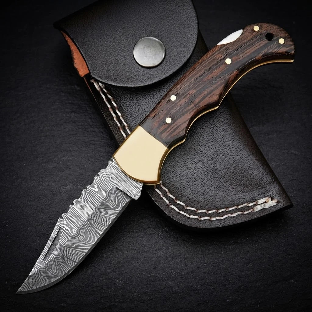 Damascus steel EDC folding knife with wenge wood handle