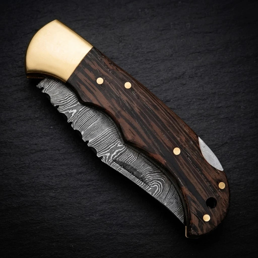 Wenge wood handle EDC knife — Damascus steel blade close-up
