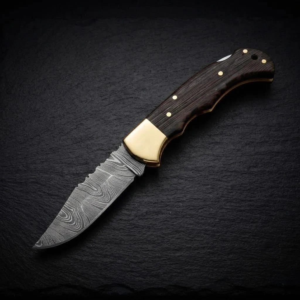 Damascus EDC folding knife with genuine leather sheath
