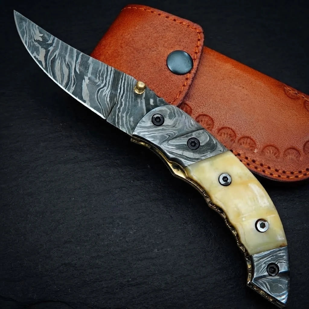 Camel bone handle Damascus folding knife, folded view
