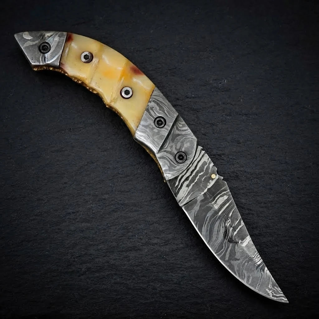 Camel bone handle Damascus folding knife with leather sheath