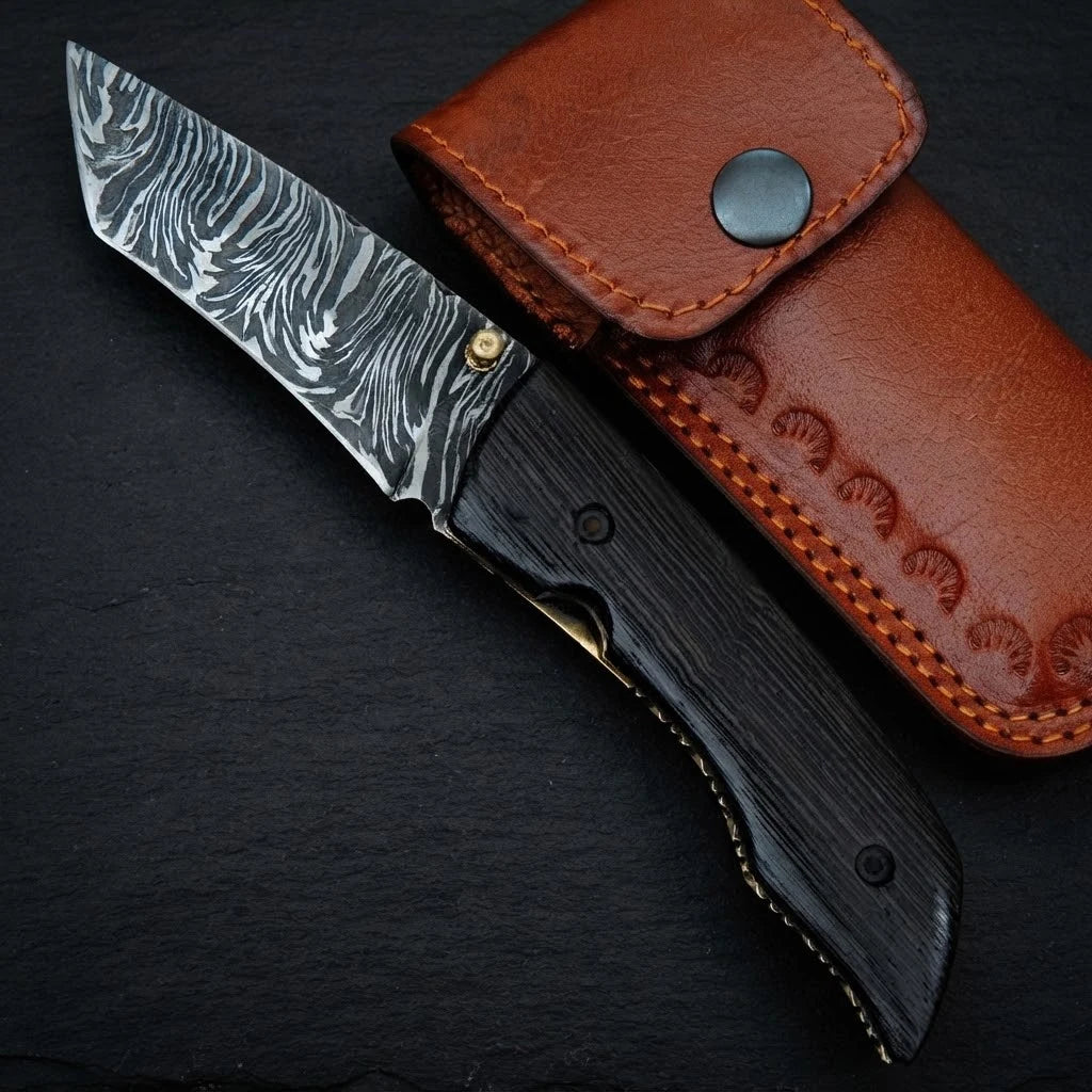 Damascus steel folding knife with wenge wood handle