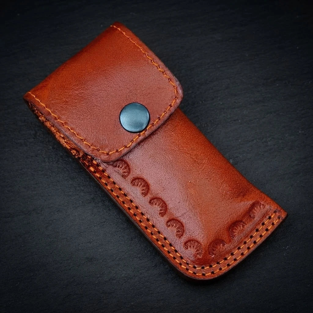 Wenge wood handle Damascus folding knife — blade close-up