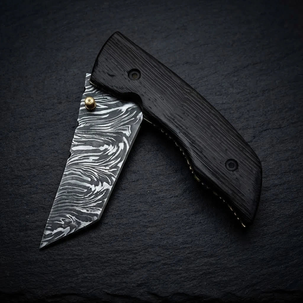 Wenge wood handle Damascus folding knife, folded view