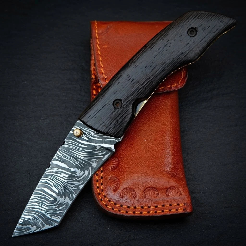 Wenge wood handle Damascus folding knife with leather sheath