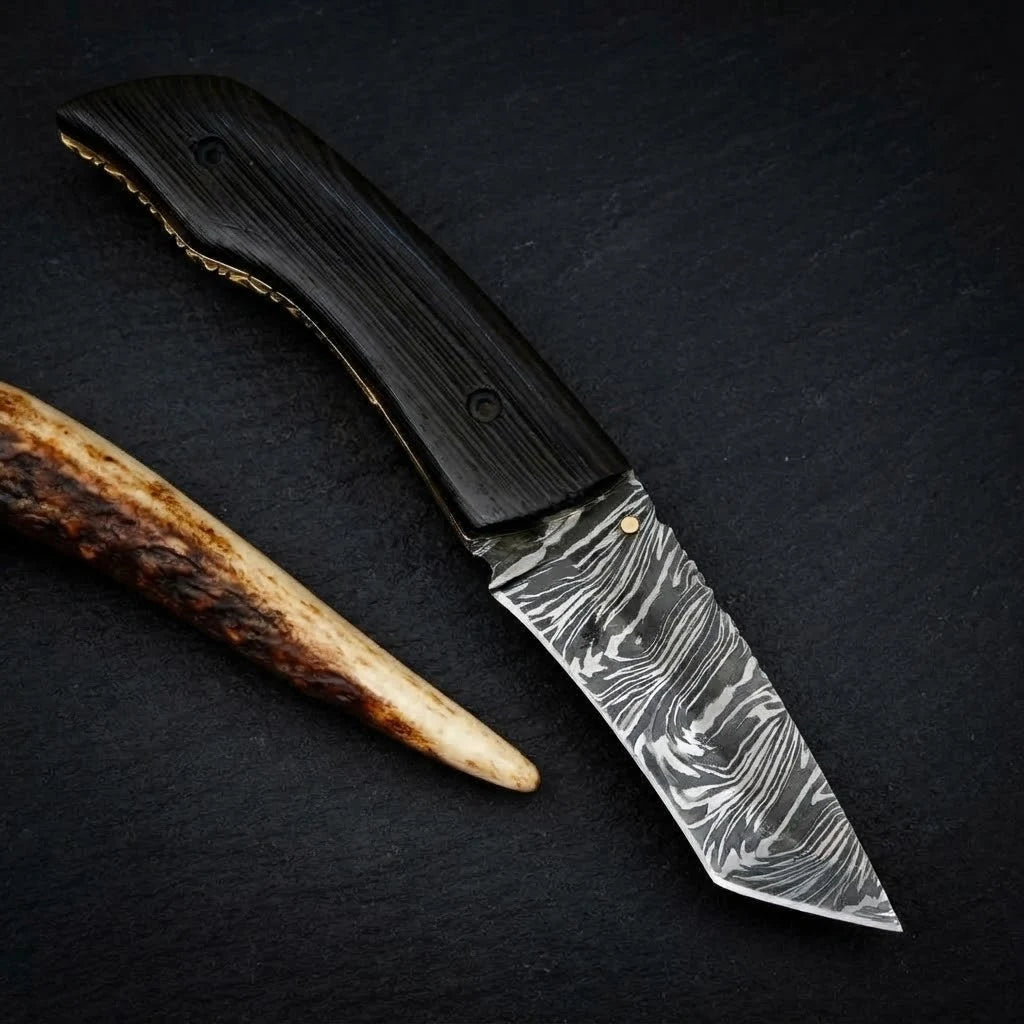 Wenge wood handle Damascus folding knife, profile view