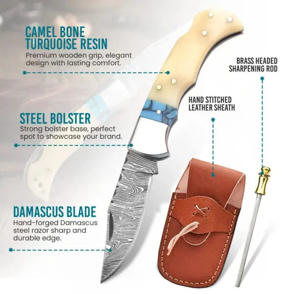 Handmade Damascus steel pocket knife with bone handle - handle detail close-up
