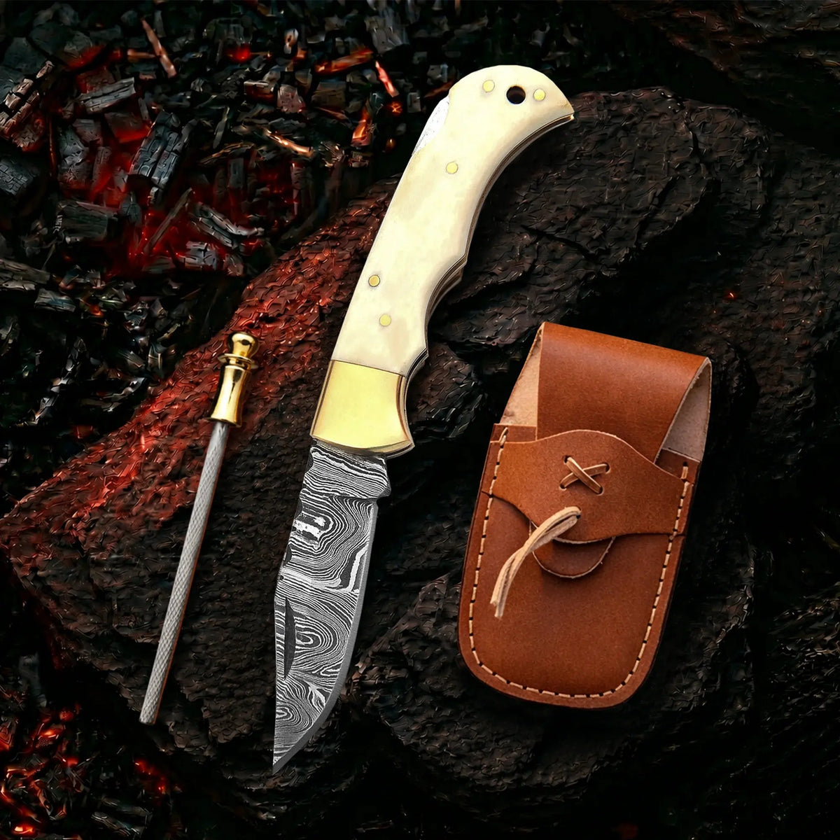 Handmade Damascus steel pocket knife with camel bone handle - full view with leather sheath