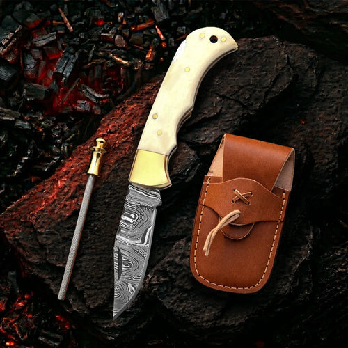 Handmade Damascus steel pocket knife with camel bone handle - full view with leather sheath