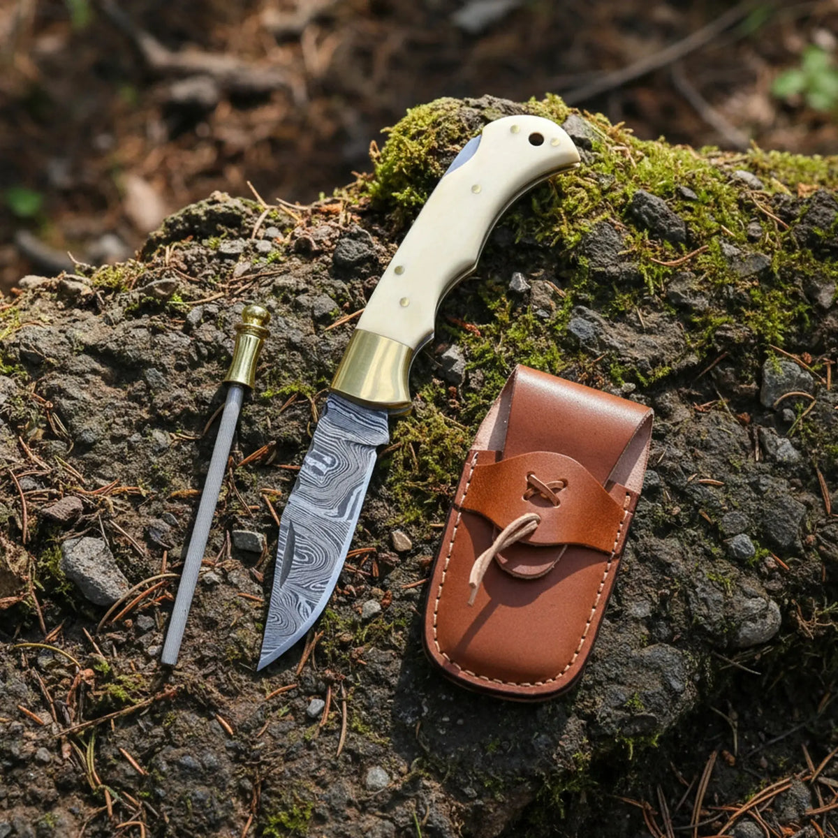 Handmade Damascus steel pocket knife with camel bone handle - blade and Damascus steel pattern close-up
