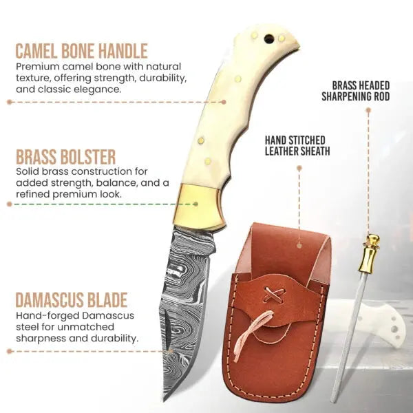 Handmade Damascus steel pocket knife with camel bone handle - handle detail close-up