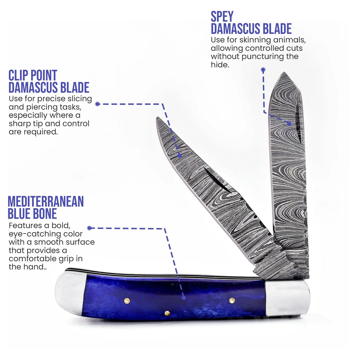 Handmade Damascus steel pocket knife with mediterranean blue bone handle - folded knife side view