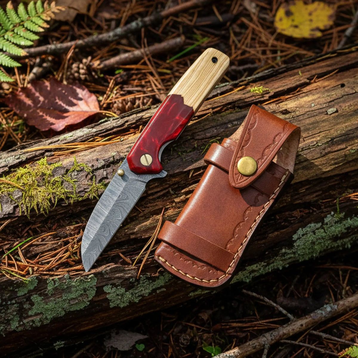 Handmade Damascus steel pocket knife with olive wood and red resin handle – handle detail