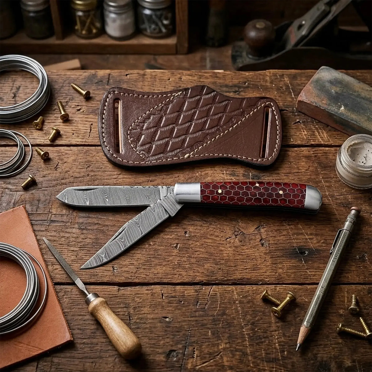 Handmade Damascus steel pocket knife with red honeycomb resin handle - blade and Damascus steel pattern close-up