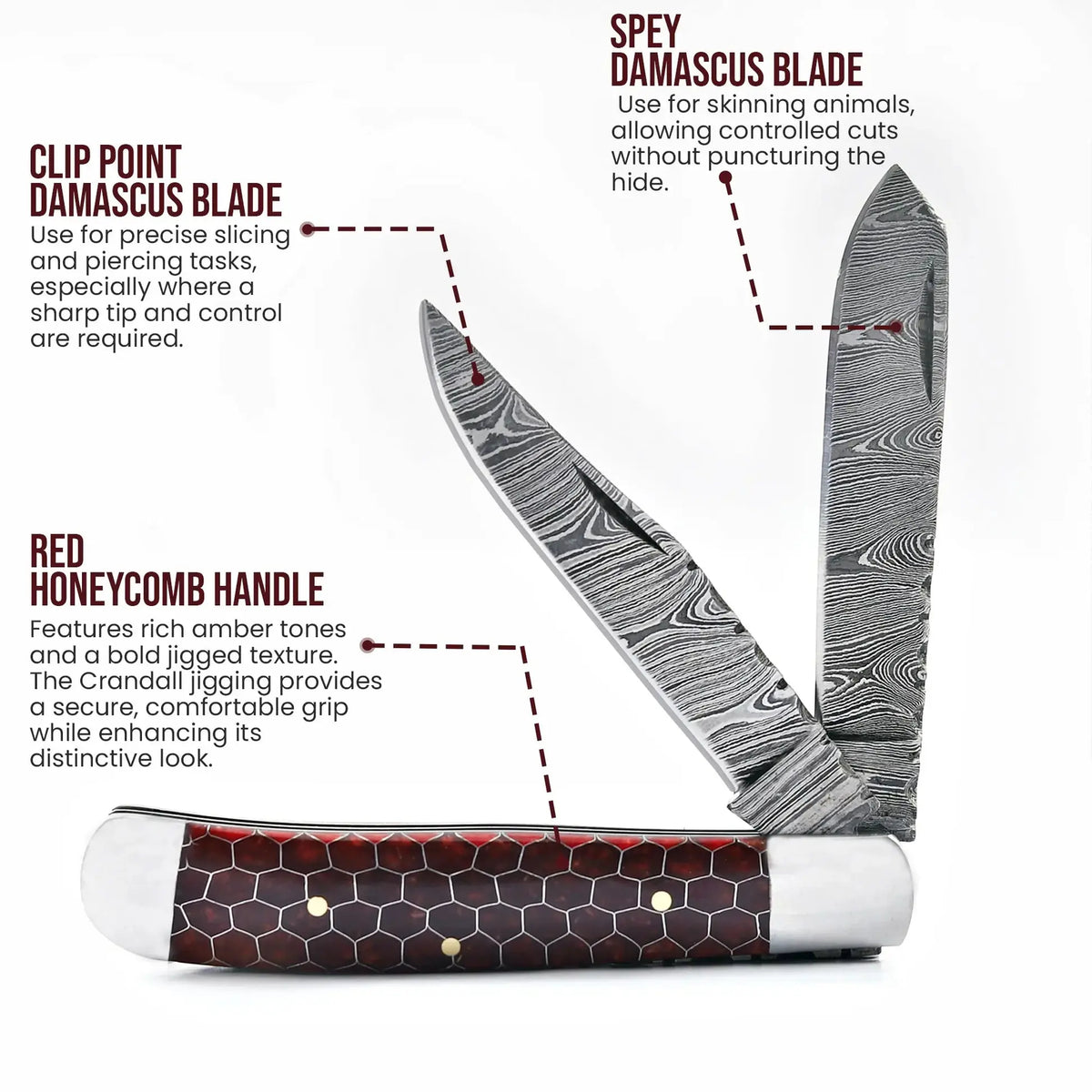 Handmade Damascus steel pocket knife with red honeycomb resin handle - handle detail close-up