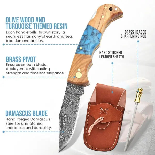 Handmade Damascus steel pocket knife with turquoise resin and olive wood handle – with leather sheath