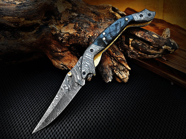 Custom Damascus tanto folding knife with bighorn sheep horn handle