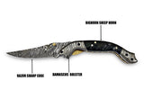 Bighorn sheep horn handle Damascus knife, profile view