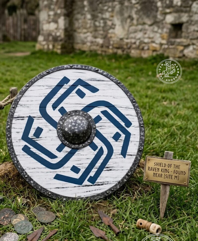 Distressed Blue Viking Shield, Norse battle-worn decor – distressed white and bold blue Norse design