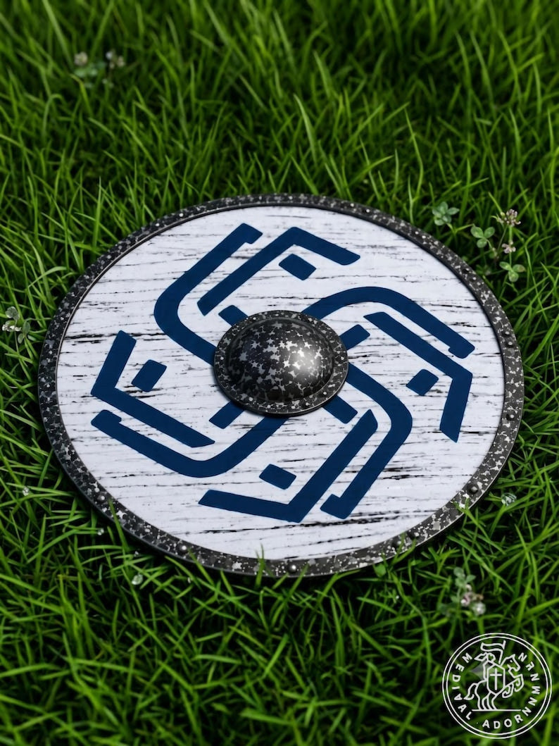 Distressed Blue Viking Shield, Norse battle-worn decor – textured metal outer rim with decorative rivets