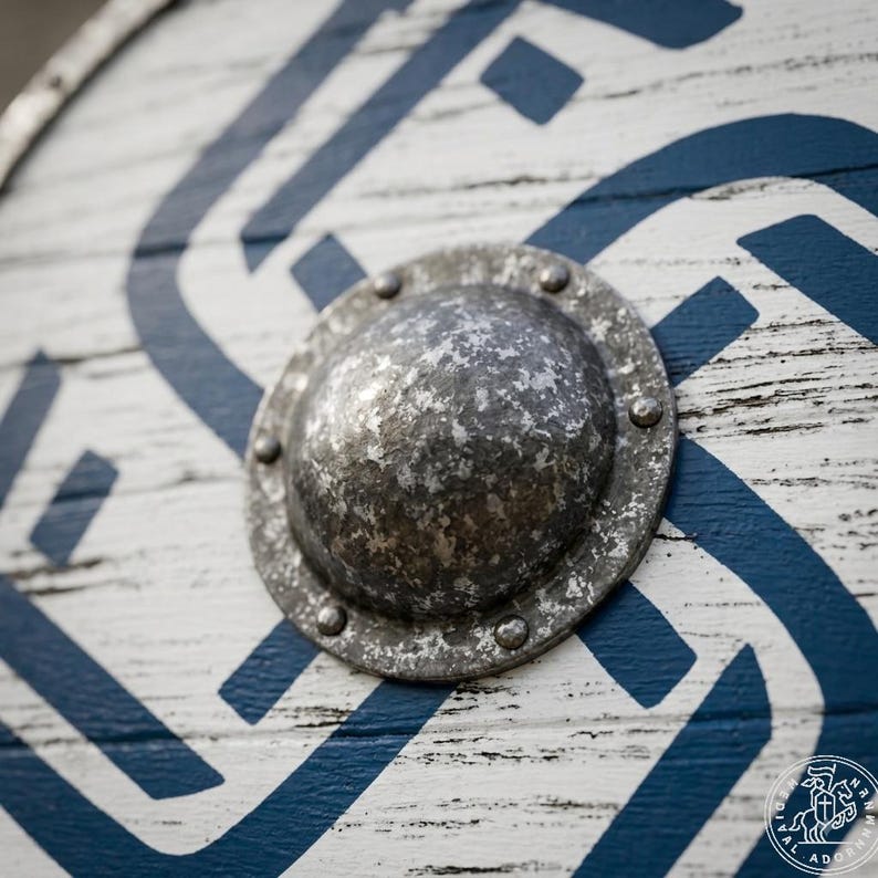 Distressed Blue Viking Shield, Norse battle-worn decor – raised metal center boss