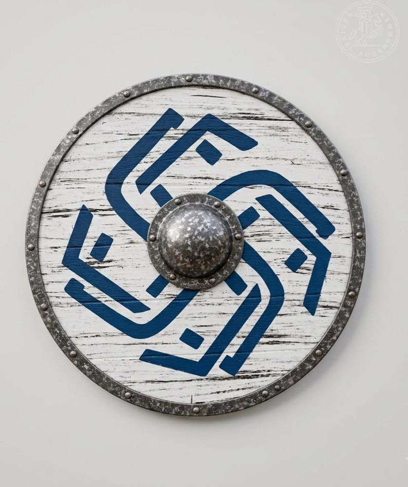 Distressed Blue Viking Shield, Norse battle-worn decor – distressed white and bold blue Norse design