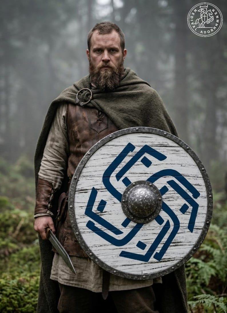 Distressed Blue Viking Shield, Norse battle-worn decor – textured metal outer rim with decorative rivets