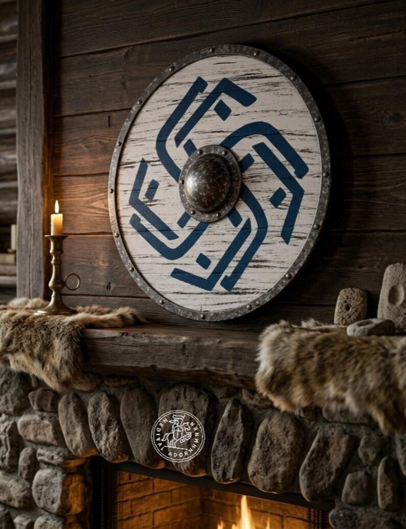 Distressed Blue Viking Shield, Norse battle-worn decor – raised metal center boss