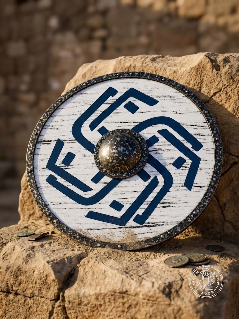 Distressed Blue Viking Shield, Norse battle-worn decor – distressed white and bold blue Norse design