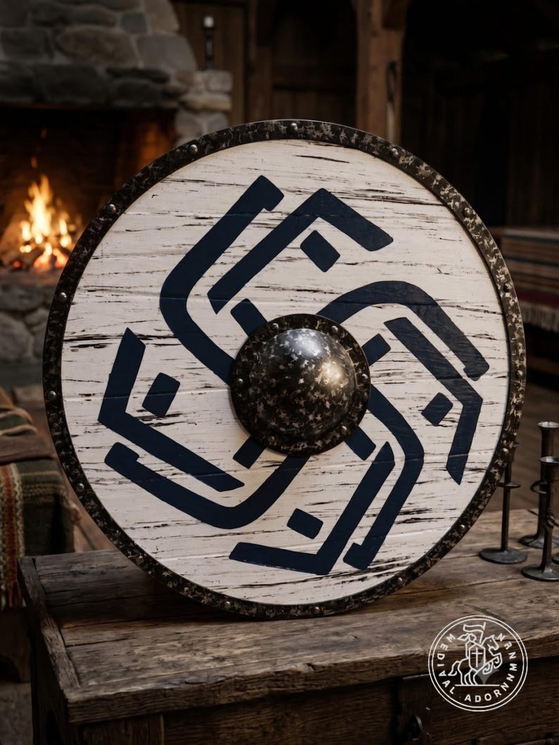 Distressed Blue Viking Shield, Norse battle-worn decor – textured metal outer rim with decorative rivets