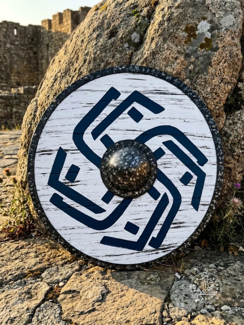 Distressed Blue Viking Shield, Norse battle-worn decor – raised metal center boss
