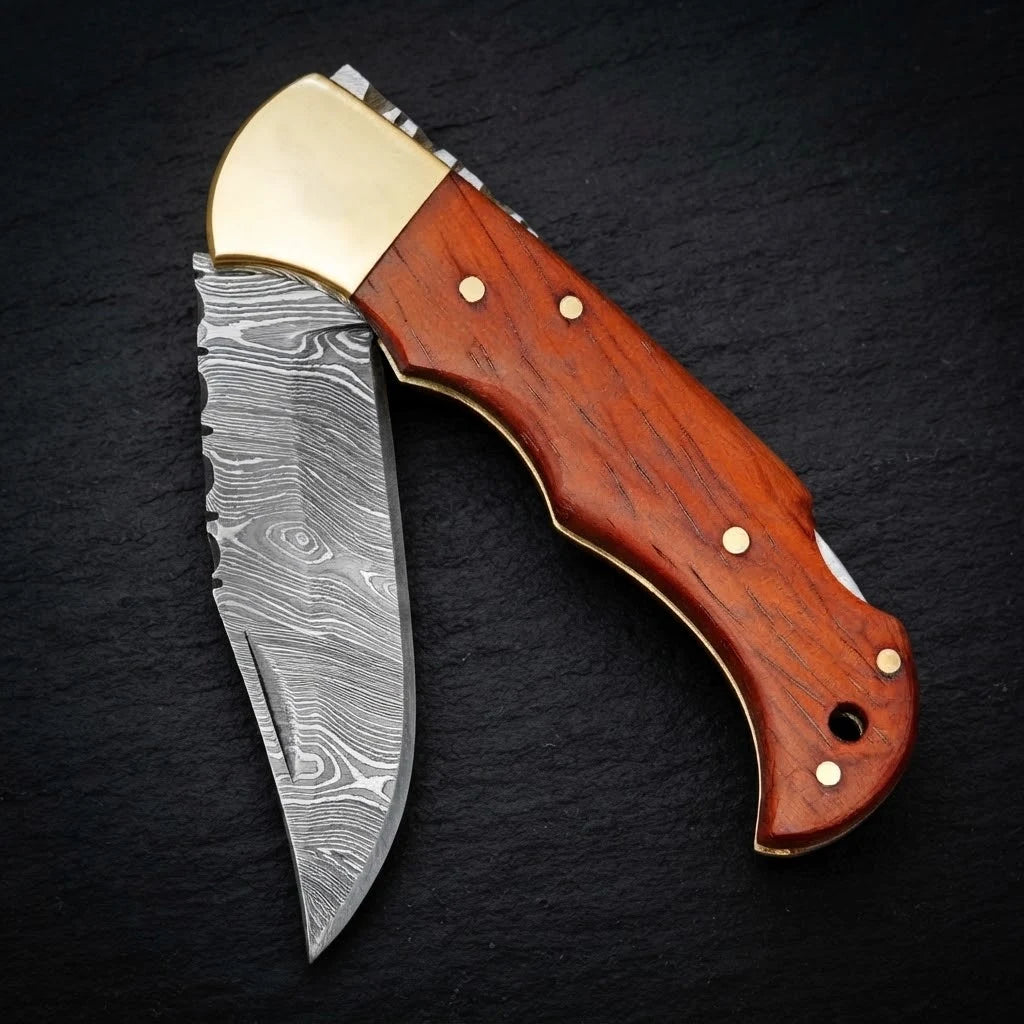 EDC Damascus folding knife with padauk wood handle and brass bolster – photo 1
