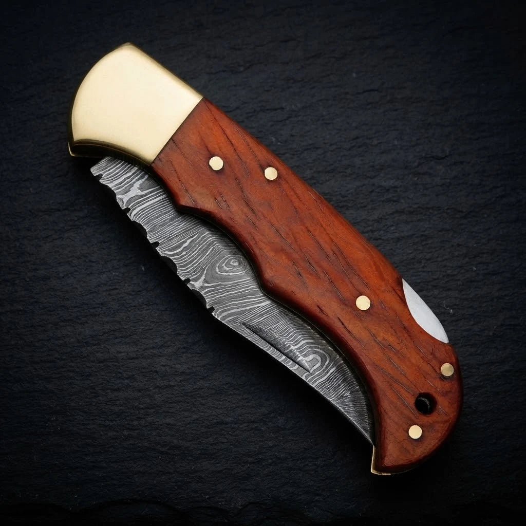 EDC Damascus folding knife with padauk wood handle and brass bolster – photo 2